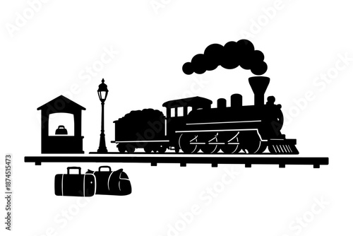 Vintage steam train at station platform with luggage in silhouette style