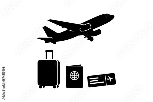 Air travel essentials: silhouette of airplane, luggage, passport, and boarding pass