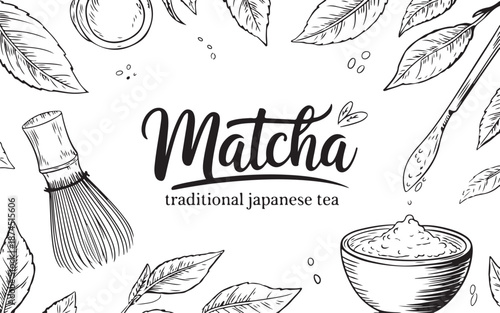 Traditional Japanese Tea Ceremony Illustration in Line Art Style. Organic Matcha Powder with Green Leaves and Chasen Whisk Sketch.