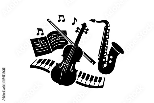 Silhouette of musical instruments with notes and sheet music for creative projects