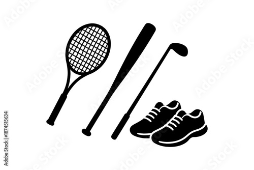Silhouette sports gear: tennis, baseball, golf equipment and sneakers