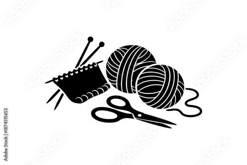 Silhouette of knitting essentials: yarn balls, needles, and scissors