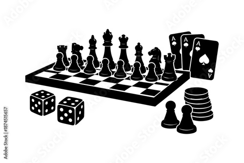 Silhouette chess and card game elements with dice and tokens for strategic play