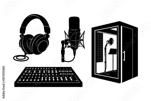 Audio equipment silhouette: headphones, microphone, mixing console, and recording booth