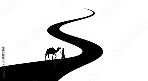 Silhouette of Bedouin Leading Camel Along Winding Desert Road Path