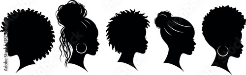 Black Woman Silhouette Profiles Set with Natural Hair Afro Curls Braids Dreadlocks Messy Bun and Hoop Earrings Beauty Vector Illustration