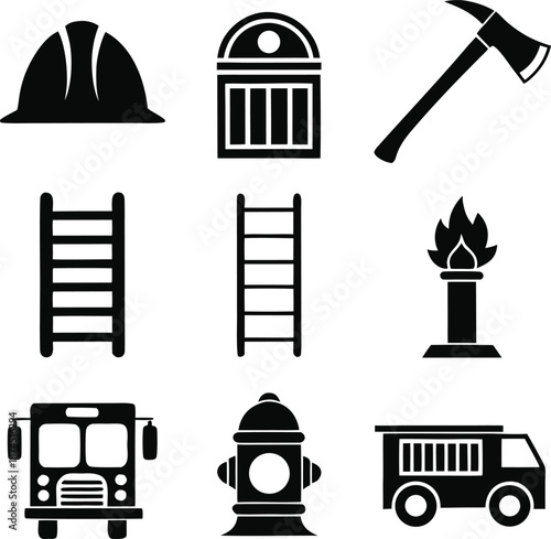 Firefighter, helmet, axe, ladder, truck, hydrant, fire, rescue, safety, equipment, emergency, department, protection, tool, flame