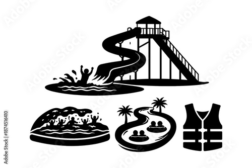 Silhouette water park fun with slides, waves, lazy river, and safety vest