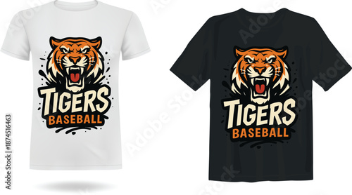 Roaring tiger baseball team spirit t-shirt design on white and black apparel