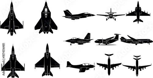 Detailed Aircraft Silhouette Collection Featuring Military Fighter Jets, Commercial Airliners, Private Propeller Planes, and Cargo Transport Aircraft Vector Illustration Set