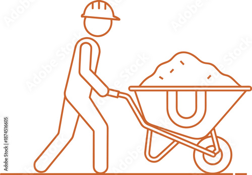 Construction worker pushing wheelbarrow with sand, minimal line icon illustration for building and manual labor concept