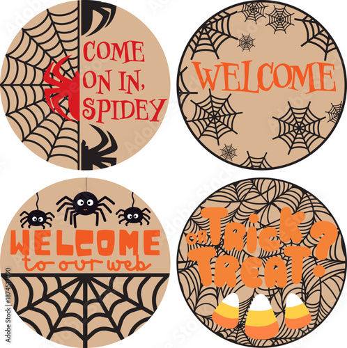 Halloween Spider Web Round Welcome Sign Bundle SVG, Laser Cut Files Glowforge, Front Door Hanger, Trick or Treat Cute Black Crawlers