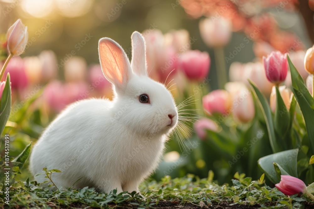 Fototapeta premium Rabbit sitting among colorful tulips in a garden during springtime in the afternoon sun