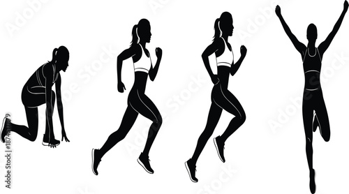 Female runner silhouette, woman running sequence illustration, athletic fitness artwork, sports training vector, marathon race design, exercise activity health image