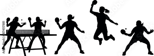 Action Silhouette Set of Professional Female Table Tennis Players Competing and Performing Powerful Ping Pong Strokes Isolated on White Background