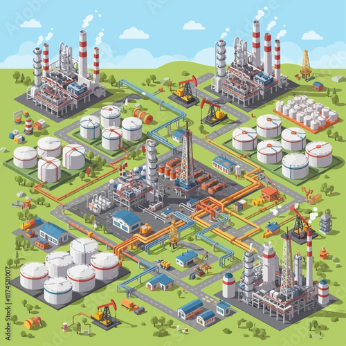 Industrial complex with refineries and storage tanks.