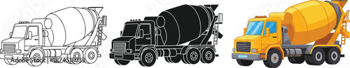 Concrete mixer truck collection in outline, black silhouette and colorful styles, construction vehicle illustration set for industrial design