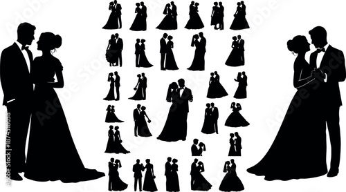Elegant Wedding Couple Silhouettes Collection Featuring Romantic Bride and Groom Poses for Marriage Invitations Bridal Fashion and Minimalist Graphic Design Assets