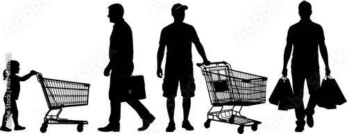 Black silhouettes of diverse people shopping with carts and bags including child man with briefcase and casual shoppers on white