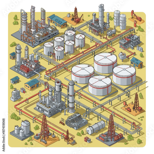 Isometric illustration of an oil refinery complex with storage tanks and pipelines.