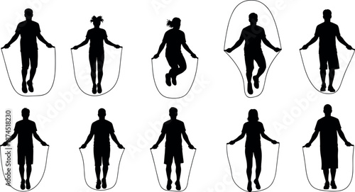 Black Silhouettes of People Jumping Rope and Skipping Cord in Different Athletic Poses Isolated on a Clean White Background Set