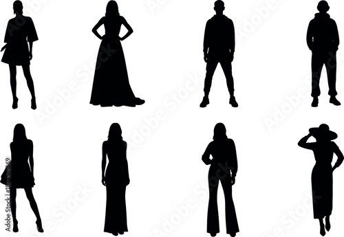 Collection of black fashion silhouettes featuring men and women in various trendy outfits including dresses, hoodies, and stylish formal evening wear.