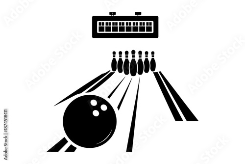 Monochrome bowling alley scene with scoreboard and rolling ball