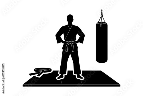 Karate training silhouette with punching bag and belt on mat in gym