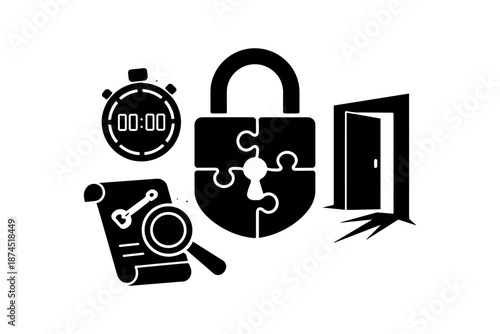 Escape room puzzle icons: stopwatch, lock, document with key, open door