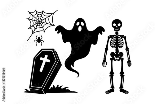 Halloween silhouette bundle with ghost, skeleton, spider web, and coffin