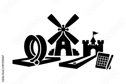 Silhouette mini golf course design with windmill and castle obstacles