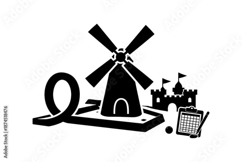 Mini golf silhouette with windmill and castle elements