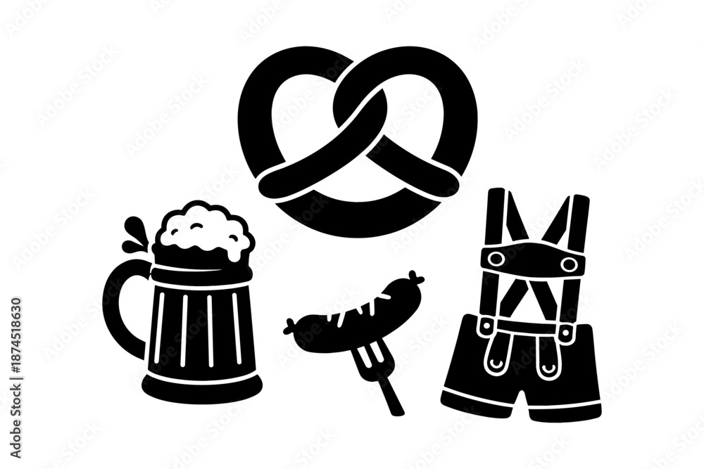 Fototapeta premium Festive oktoberfest symbols: beer mug, pretzel, sausage, and lederhosen in bold silhouettes