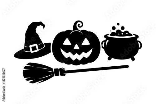 Spooky halloween silhouettes with pumpkin, witch hat, cauldron, and broomstick