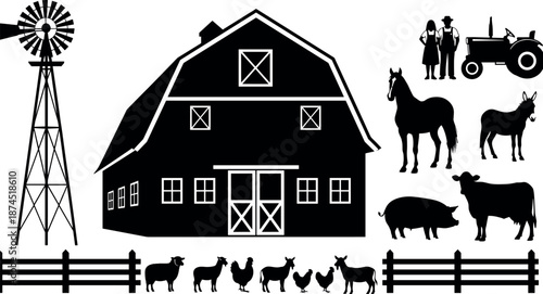 Large Farm Life Vector Set Featuring Barn, Windmill, Tractor, Farmers, Livestock Animals, Pig, Cow, Horse, Sheep, Goat, and Chicken Icons.