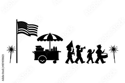 Silhouette parade with vintage food cart and patriotic elements