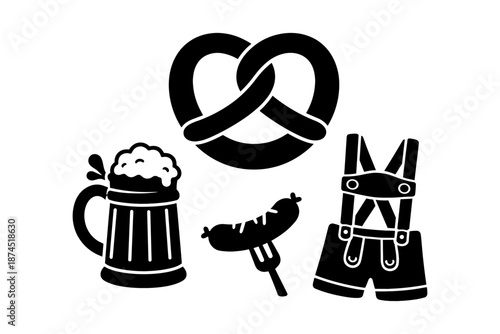 Festive oktoberfest symbols: beer mug, pretzel, sausage, and lederhosen in bold silhouettes
