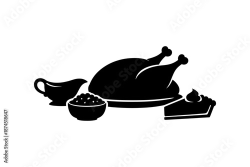 Thanksgiving dinner silhouette: turkey, gravy, mashed potatoes, pumpkin pie