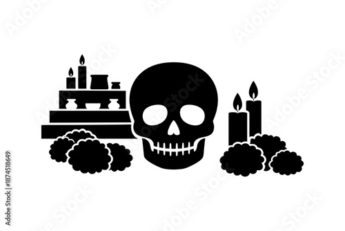 Silhouette of day of the dead altar with skull and candles
