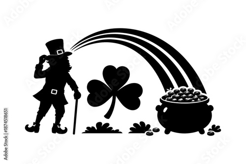 Leprechaun silhouette with rainbow and pot of gold for st. patrick's day