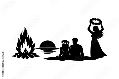 Silhouette of people celebrating by bonfire at sunset on seaside beach