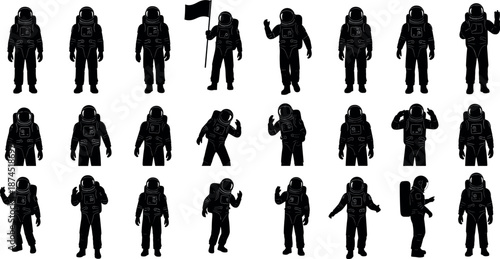 Large set of astronaut silhouettes in various poses and actions including walking waving and holding flag for space exploration design