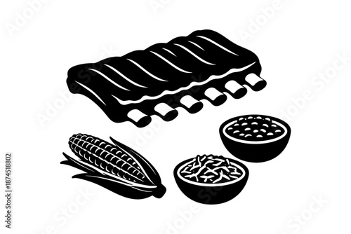 Barbecue ribs and bbq side dishes in black silhouette design