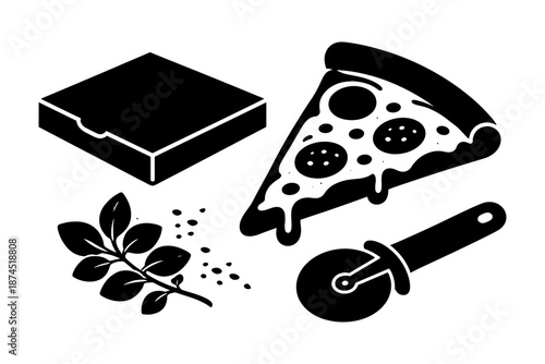 Pizza slice with box and cutter in black silhouette style