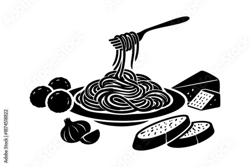 Silhouette italian cuisine with pasta, cheese, and meatballs