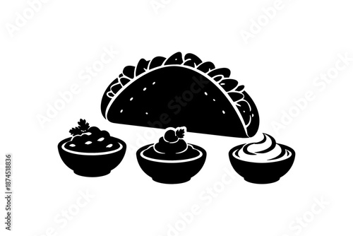 Silhouette taco with three sauces on black and white background