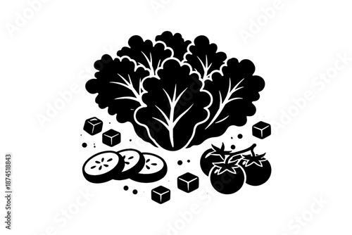 Organic salad ingredients: fresh lettuce, cucumbers, tomatoes in bold black silhouette