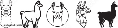 A collection of five different llama illustrations including geometric, silhouette, and outline styles Vector