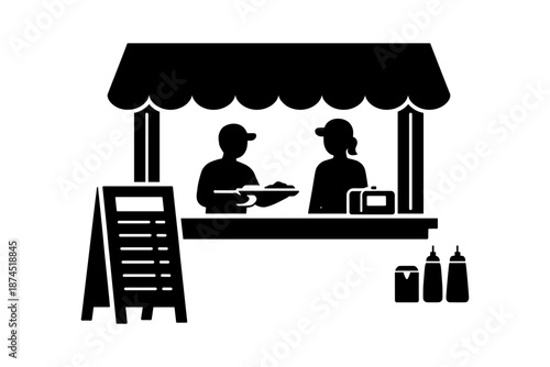 Silhouette food stall with menu board and condiments in black and white