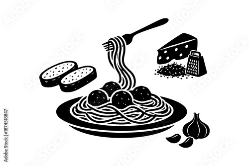 Silhouette of italian cuisine with spaghetti, meatballs, and parmesan